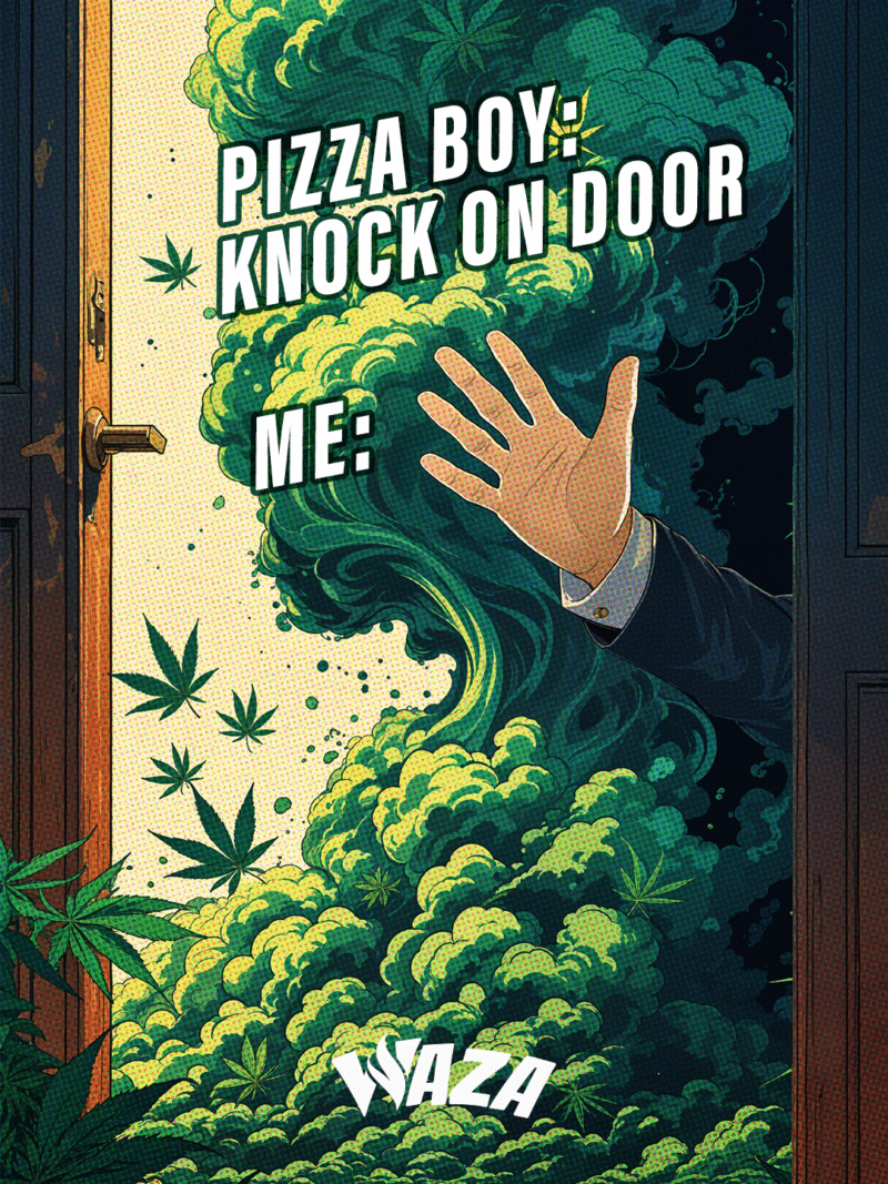 Funny 420 stoner meme from Waza Cannabis: Pizza Boy Knock on Door