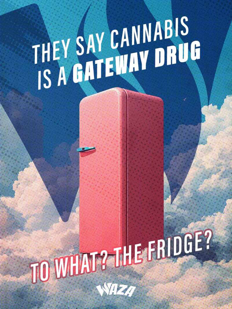 Funny 420 stoner meme from Waza Cannabis: They say cannabis is a gateway drug. To what? The fridge?