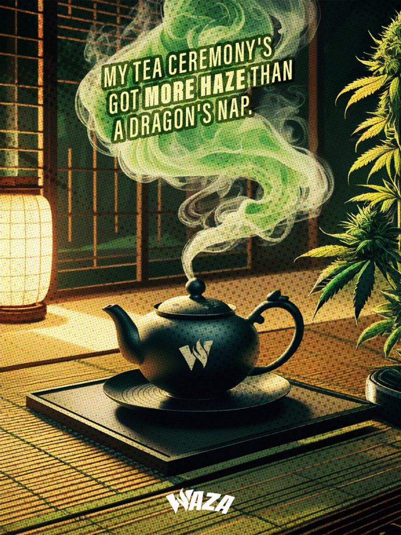 Funny 420 Stoner Memes | Waza Cannabis: My tea ceremony's got more haze than a dragon's nap.