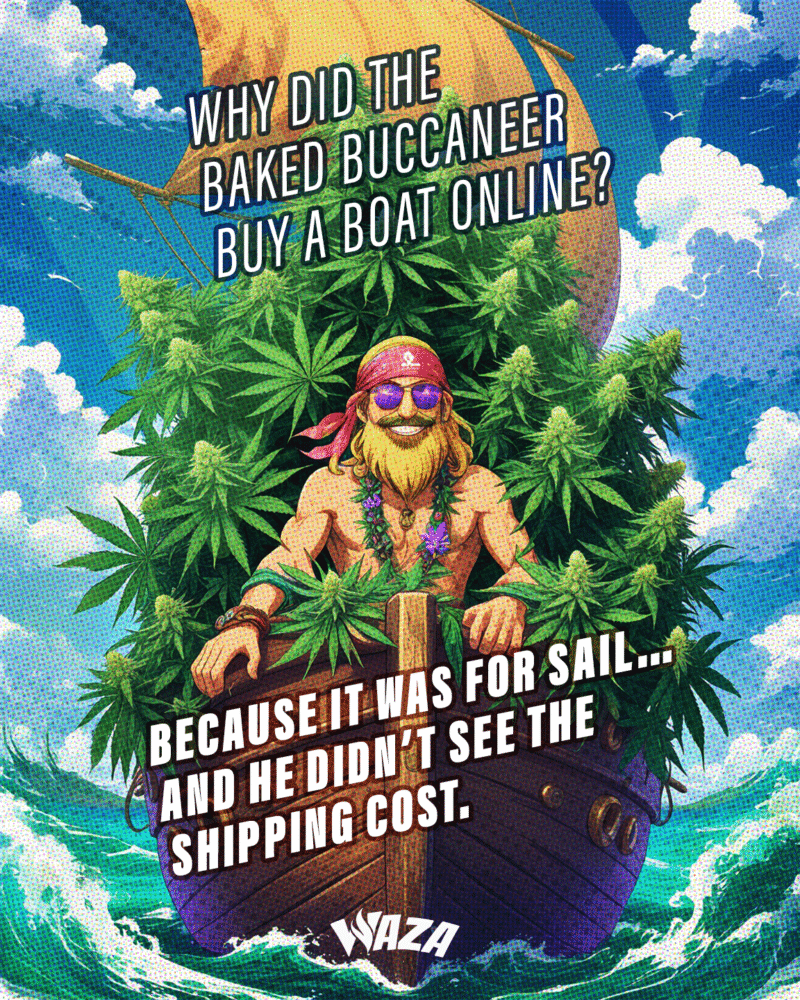 Funny 420 Stoner Memes | Waza Cannabis: Why did the Baked Buccaneer buy a boat online? Because it was for sail… and he didn’t see the shipping cost.