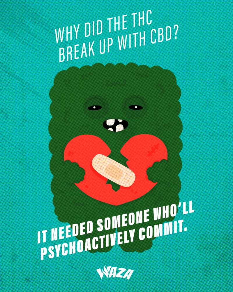 Funny 420 Stoner Memes | Waza Cannabis: Why did the THC break up with CBD? It needed someone who’ll psychoactively commit.